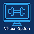 virtual option A graphic of a dumbbell on a computer screen with the words virtual option below it.