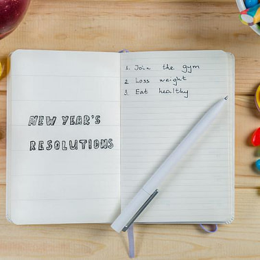 pics for blog article 123123 An open notebook has New Year's Resolutions written on the left page, and on the right page, it says, 1. Join the gym, 2. Lose weight, 3. Eat healthy