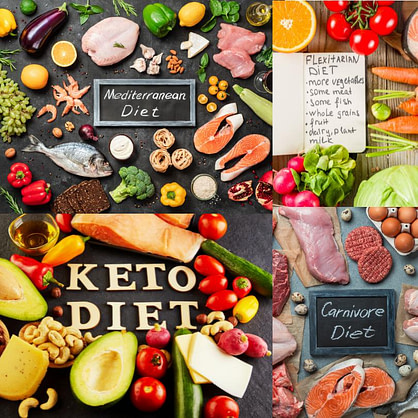 different diets A collage of 4 images, each with multiple food ingredients and a diet name, including Mediterranean, flexitarian, keto, and carnivore diet.