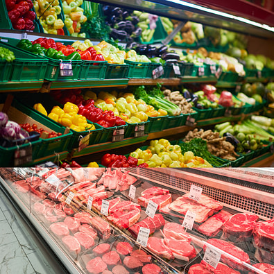 meat and veggies Picture of the vegetable and meat department in a grocery store.