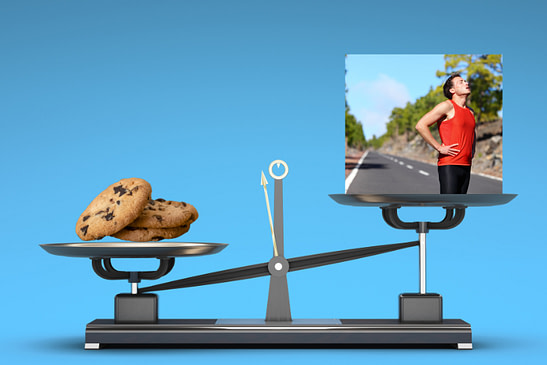 balance scale cookies vs running A balance scale is heavier towards 3 cookies on one side than the tired runners on the other.